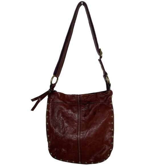 VTG Fossil Leather Studded Hobo Style Bag Bohemian Moto Hippie Biker Cowgirl - Picture 1 of 11